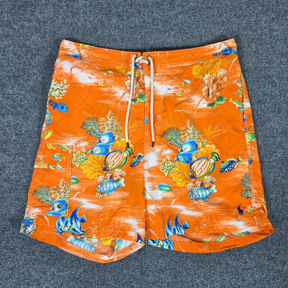 Polo Ralph Lauren Mens Orange Tropical Fish Coral Swim Trunks Shorts Large